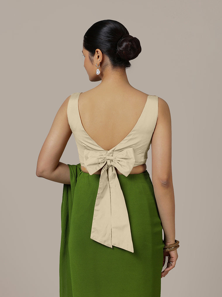 Sherry x Rozaana Saree Blouse, in Cream Vegan Silk, featuring sleeveless and boat neckline, made for party & festive (view 2).