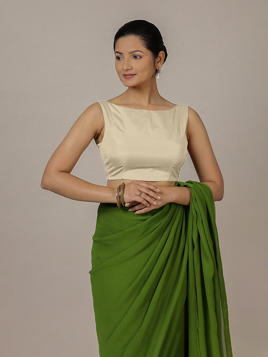 Sherry x Rozaana Saree Blouse, in Cream Vegan Silk, featuring sleeveless and boat neckline, made for party & festive (view 4).