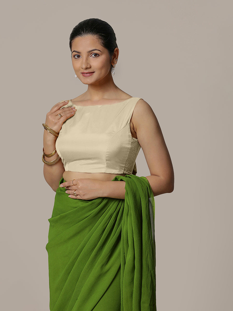Sherry x Rozaana Saree Blouse, in Cream Vegan Silk, featuring sleeveless and boat neckline, made for party & festive (view 5).