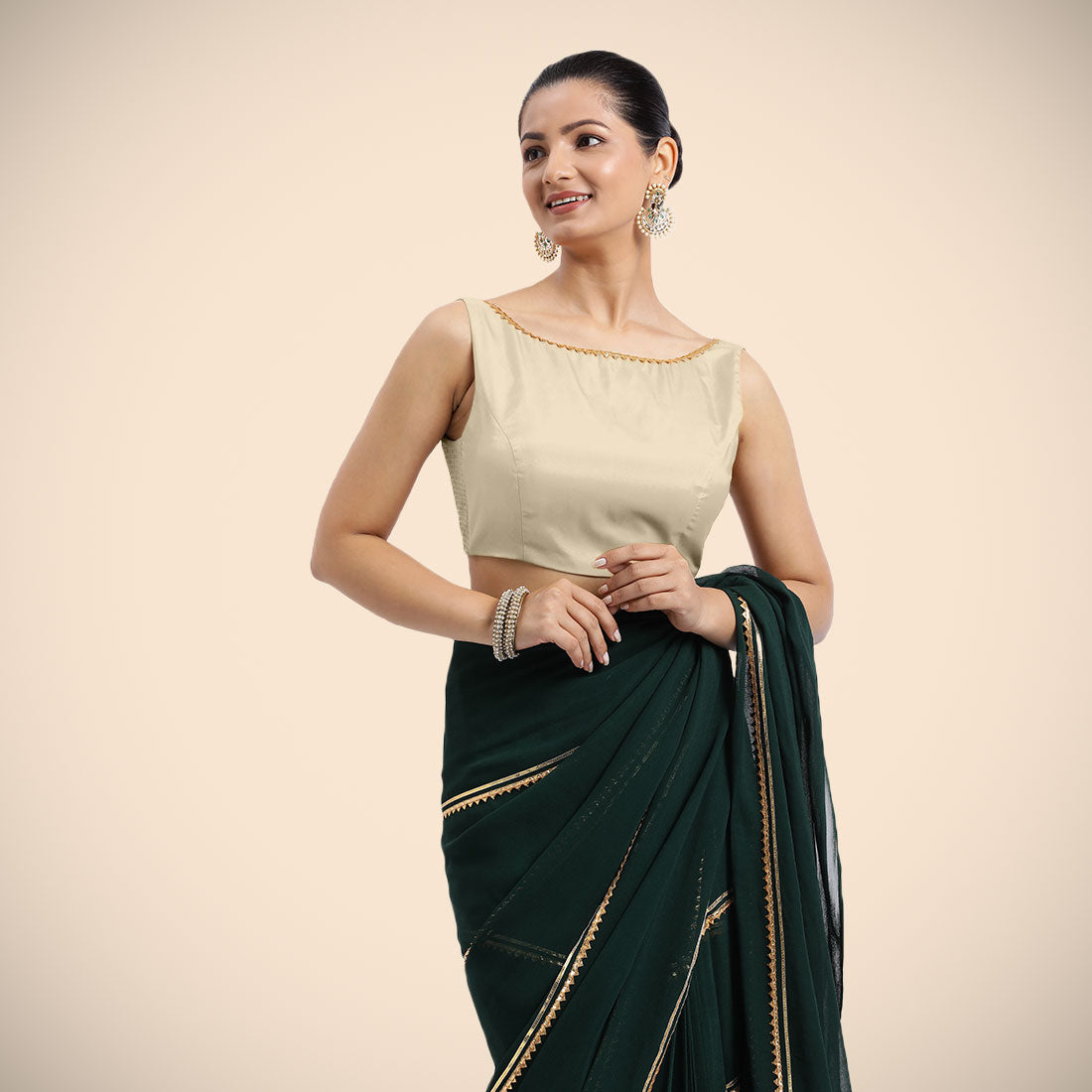 Sherry x Tyohaar Saree Blouse, in Cream Vegan Silk, featuring sleeveless and boat neckline, made for party & festive (view 6).