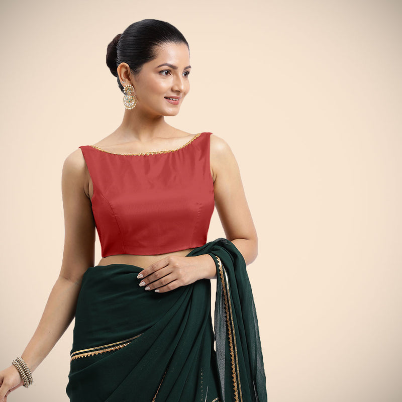 Sherry x Tyohaar | Crimson Red Sleeveless FlexiFit™ Saree Blouse with Simple Golden Gota Lace on Neckline and Removable Bow on Back-Binks