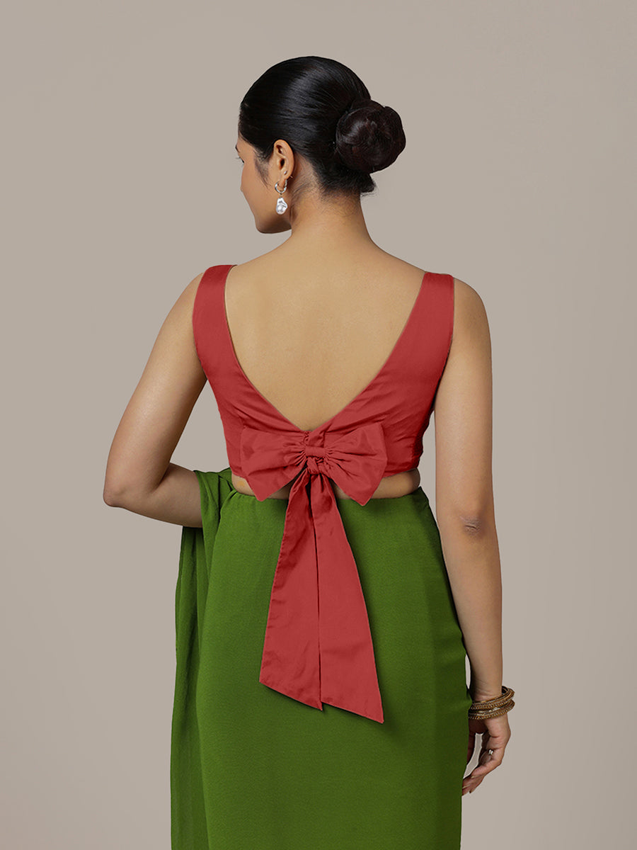 Sherry x Rozaana Saree Blouse, in Red Vegan Silk, featuring sleeveless and boat neckline, made for party & festive (view 2).