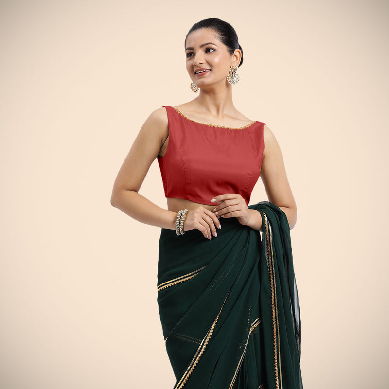 Sherry x Tyohaar | Crimson Red Sleeveless FlexiFit™ Saree Blouse with Simple Golden Gota Lace on Neckline and Removable Bow on Back-Binks