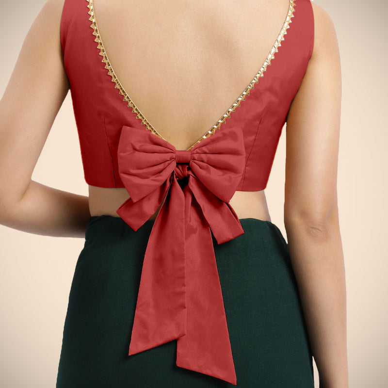 Sherry x Tyohaar | Crimson Red Sleeveless FlexiFit™ Saree Blouse with Simple Golden Gota Lace on Neckline and Removable Bow on Back-Binks