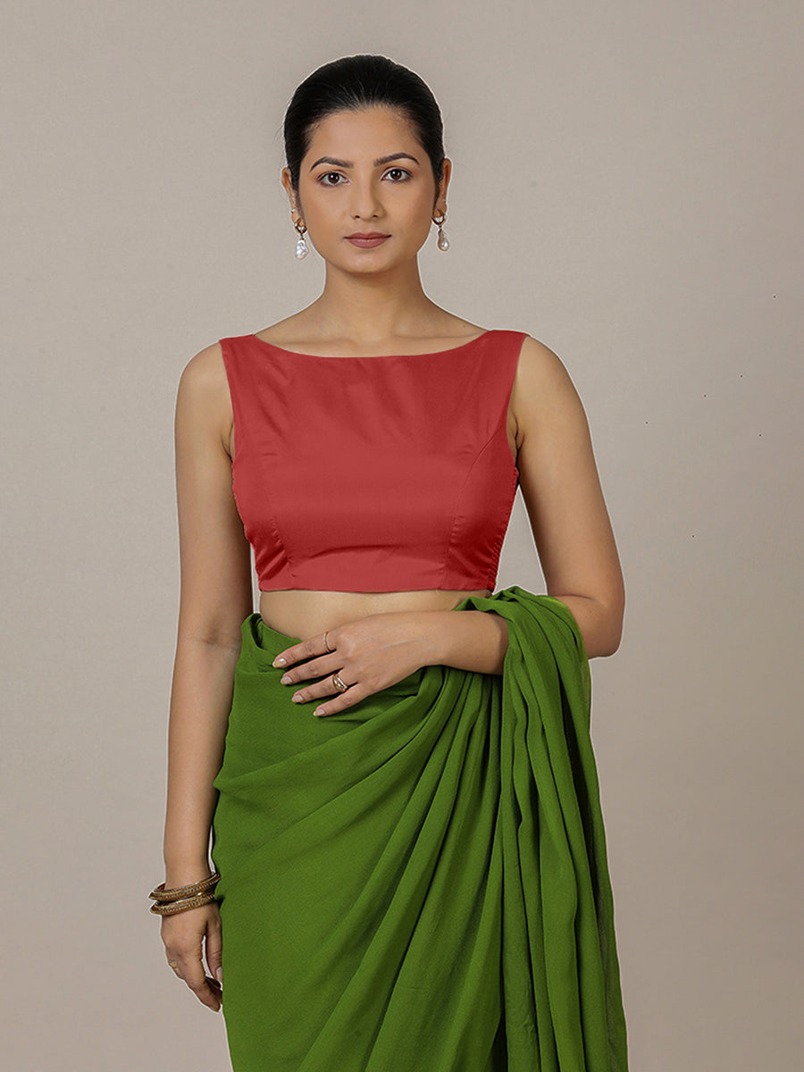 Sherry x Rozaana Saree Blouse, in Red Vegan Silk, featuring sleeveless and boat neckline, made for party & festive (view 7).