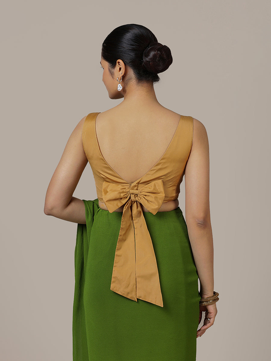 Sherry x Rozaana Saree Blouse, in Gold Vegan Silk, featuring sleeveless and boat neckline, made for party & festive (view 2).