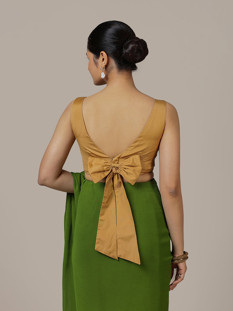 Sherry x Rozaana Saree Blouse, in Gold Vegan Silk, featuring sleeveless and boat neckline, made for party & festive (view 2).