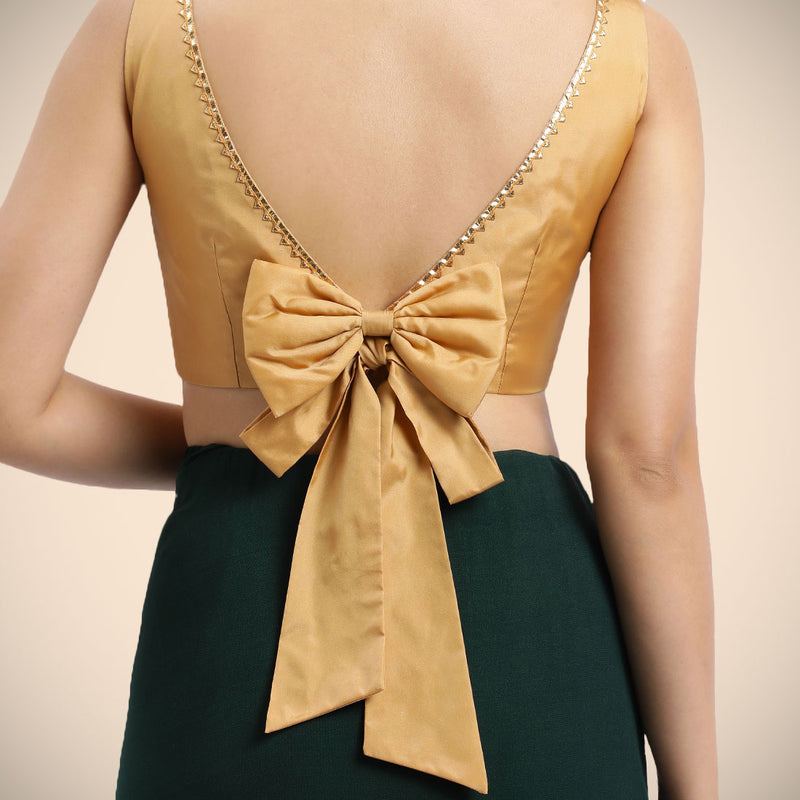 Sherry x Tyohaar | Gold Sleeveless FlexiFit™ Saree Blouse with Simple Golden Gota Lace on Neckline and Removable Bow on Back-Binks