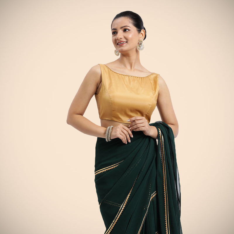 Sherry x Tyohaar | Gold Sleeveless FlexiFit™ Saree Blouse with Simple Golden Gota Lace on Neckline and Removable Bow on Back-Binks