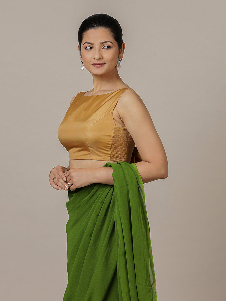 Sherry x Rozaana Saree Blouse, in Gold Vegan Silk, featuring sleeveless and boat neckline, made for party & festive (view 6).