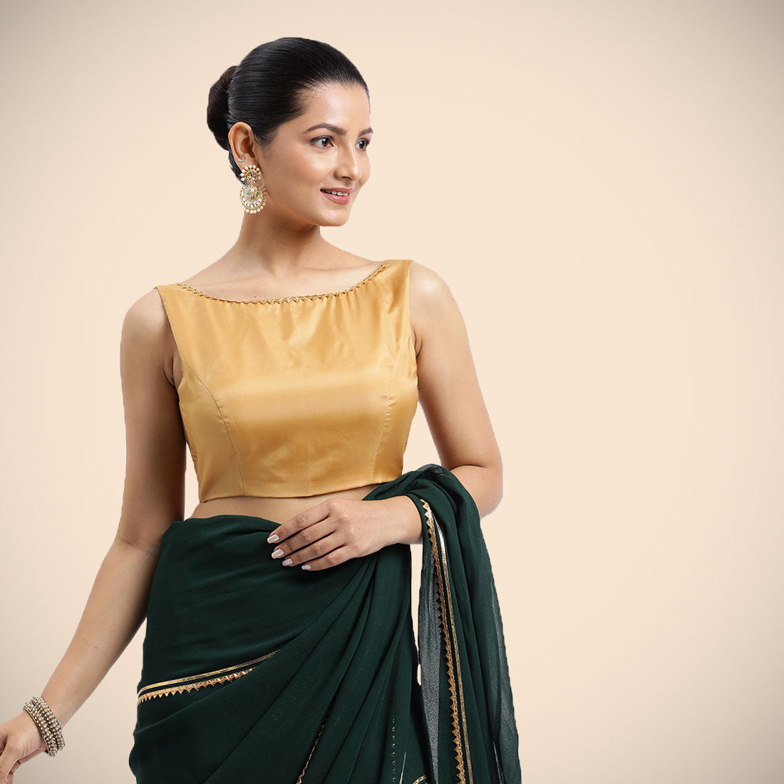 Sherry x Tyohaar Saree Blouse, in Gold Vegan Silk, featuring sleeveless and boat neckline, made for party & festive (view 6).