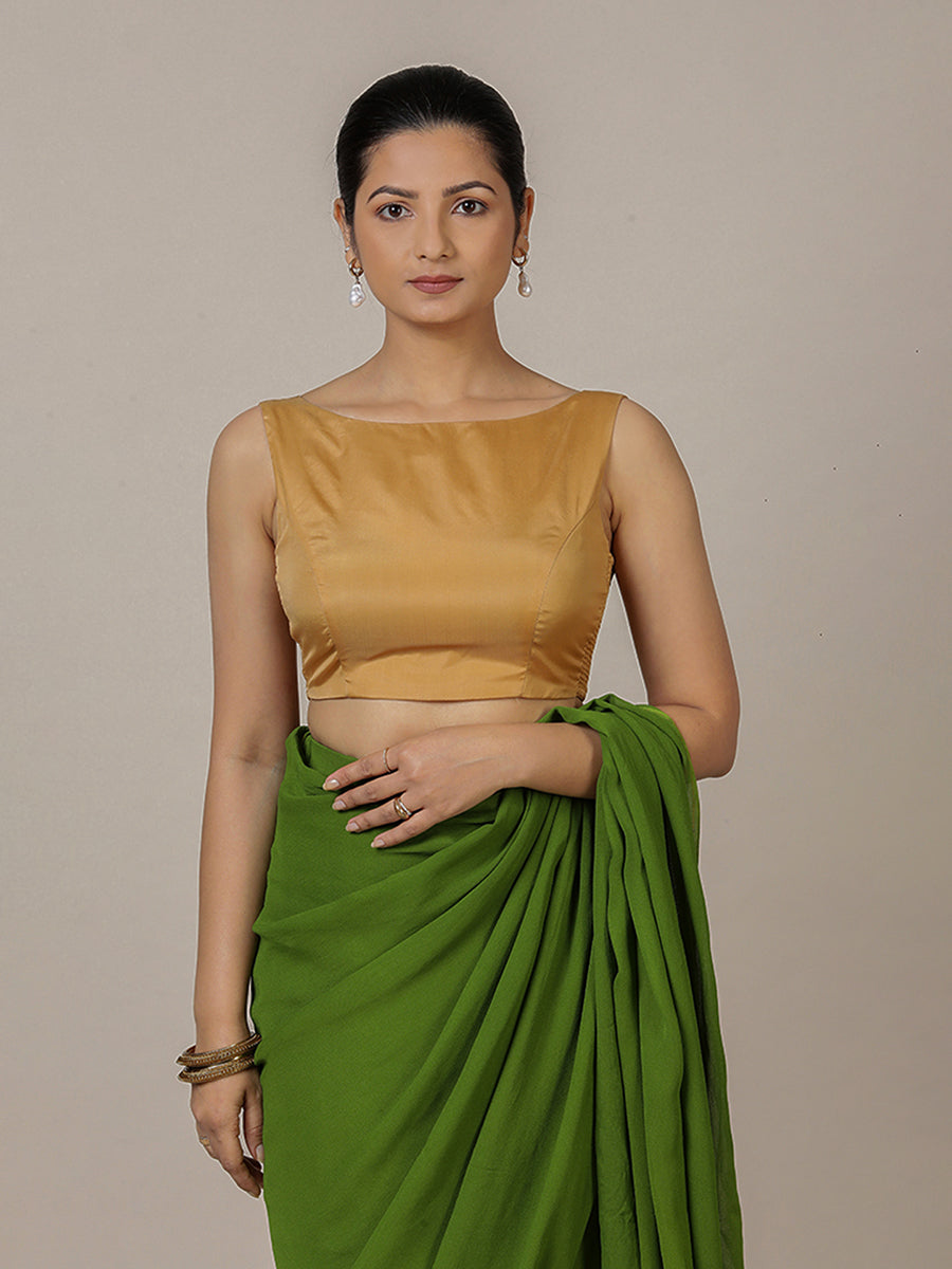Sherry x Rozaana Saree Blouse, in Gold Vegan Silk, featuring sleeveless and boat neckline, made for party & festive (view 8).