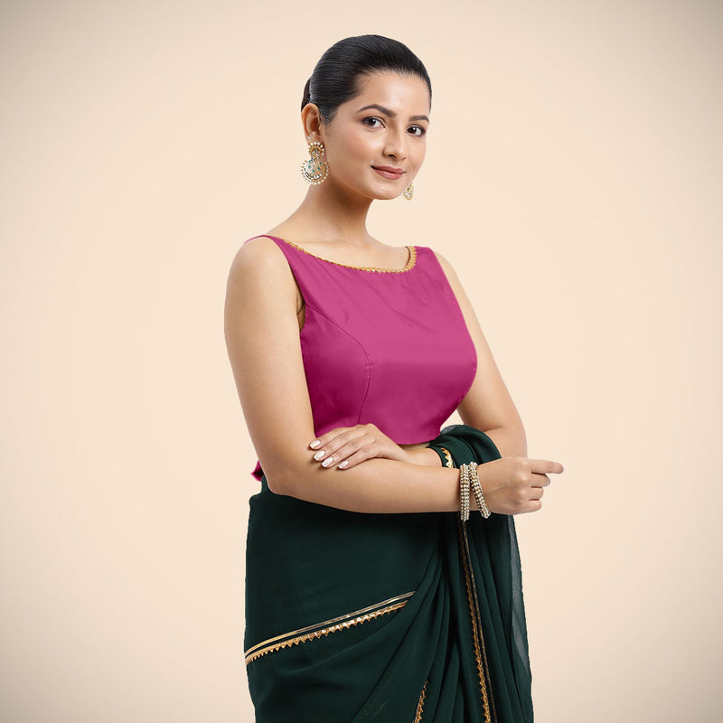 Sherry x Tyohaar | Sleeveless Hot Pink FlexiFit™ Gota Embellished Saree Blouse with Boat Neck-Binks