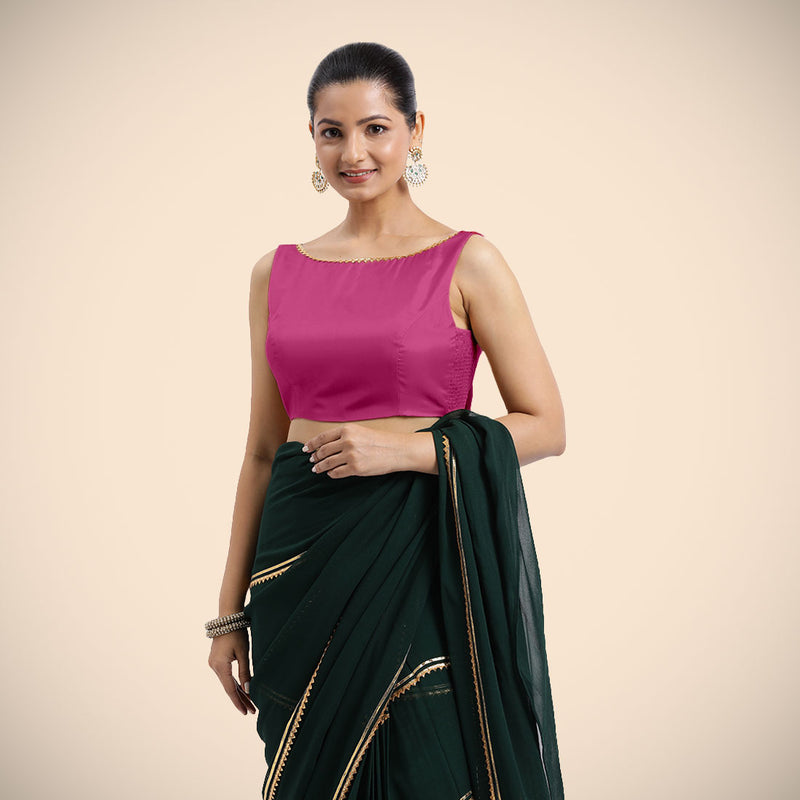 Sherry x Tyohaar | Sleeveless Hot Pink FlexiFit™ Gota Embellished Saree Blouse with Boat Neck-Binks