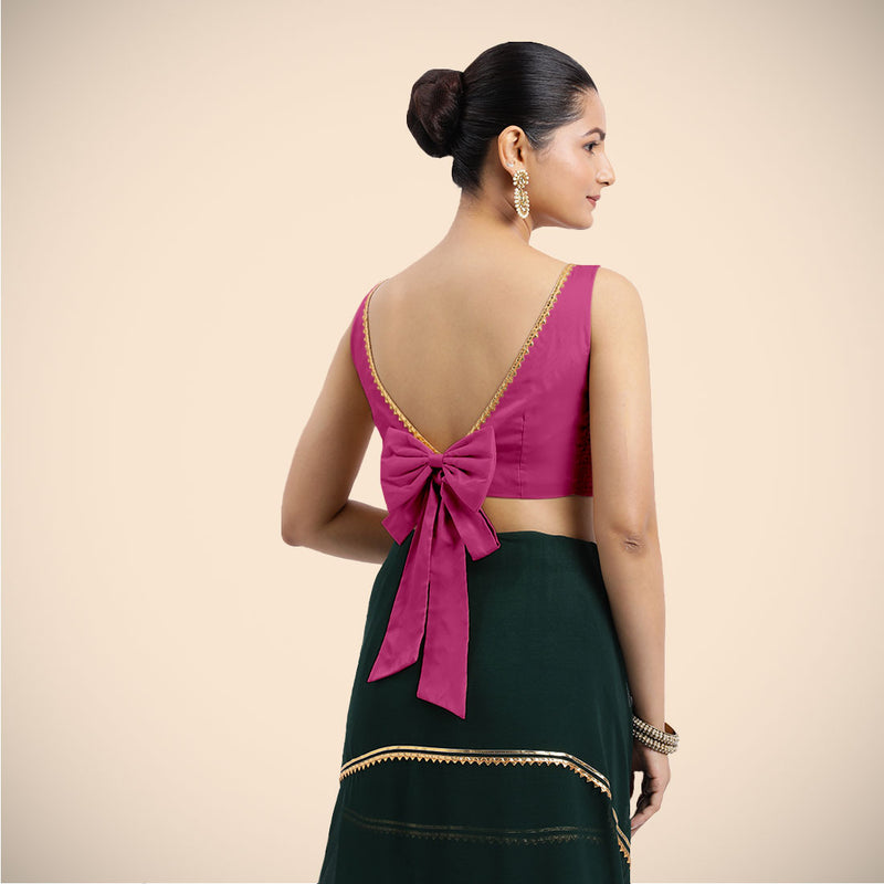Sherry x Tyohaar | Sleeveless Hot Pink FlexiFit™ Gota Embellished Saree Blouse with Boat Neck-Binks