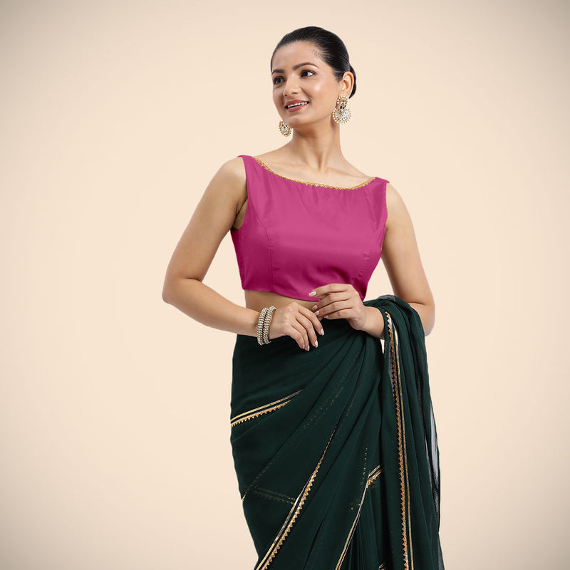 Sherry x Tyohaar | Sleeveless Hot Pink FlexiFit™ Gota Embellished Saree Blouse with Boat Neck-Binks