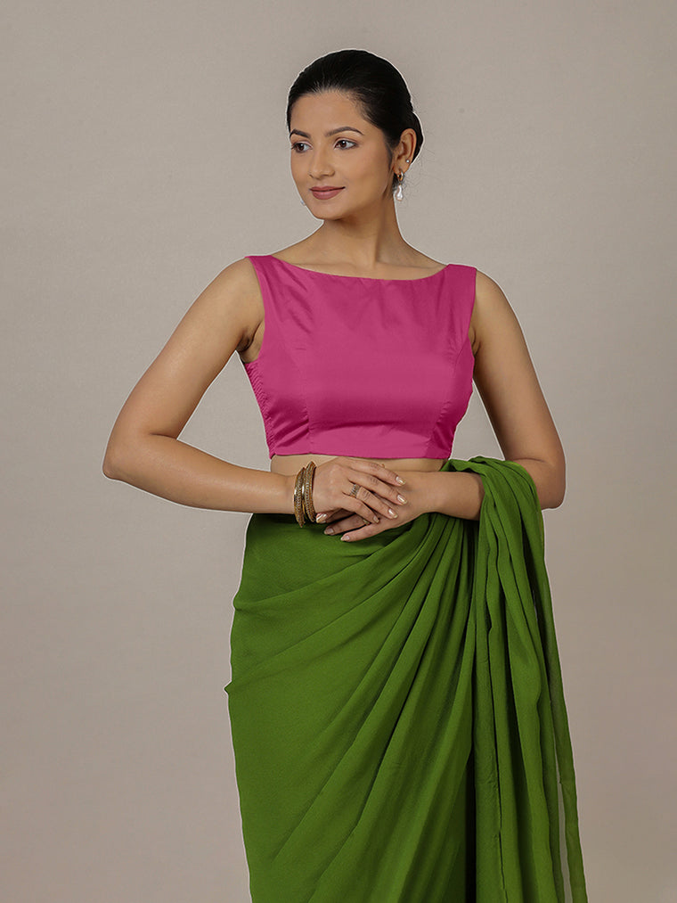 Sherry x Rozaana Saree Blouse, in Pink Artificial Silk, featuring sleeveless and boat neckline, made for party & festive.