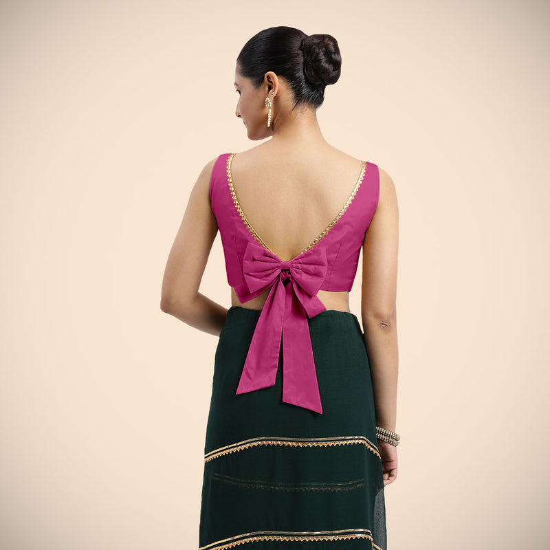 Sherry x Tyohaar | Sleeveless Hot Pink FlexiFit™ Gota Embellished Saree Blouse with Boat Neck-Binks