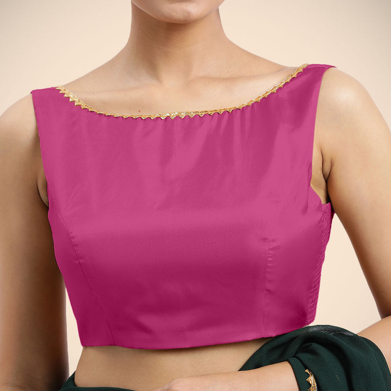 Sherry x Tyohaar | Sleeveless Hot Pink FlexiFit™ Gota Embellished Saree Blouse with Boat Neck-Binks