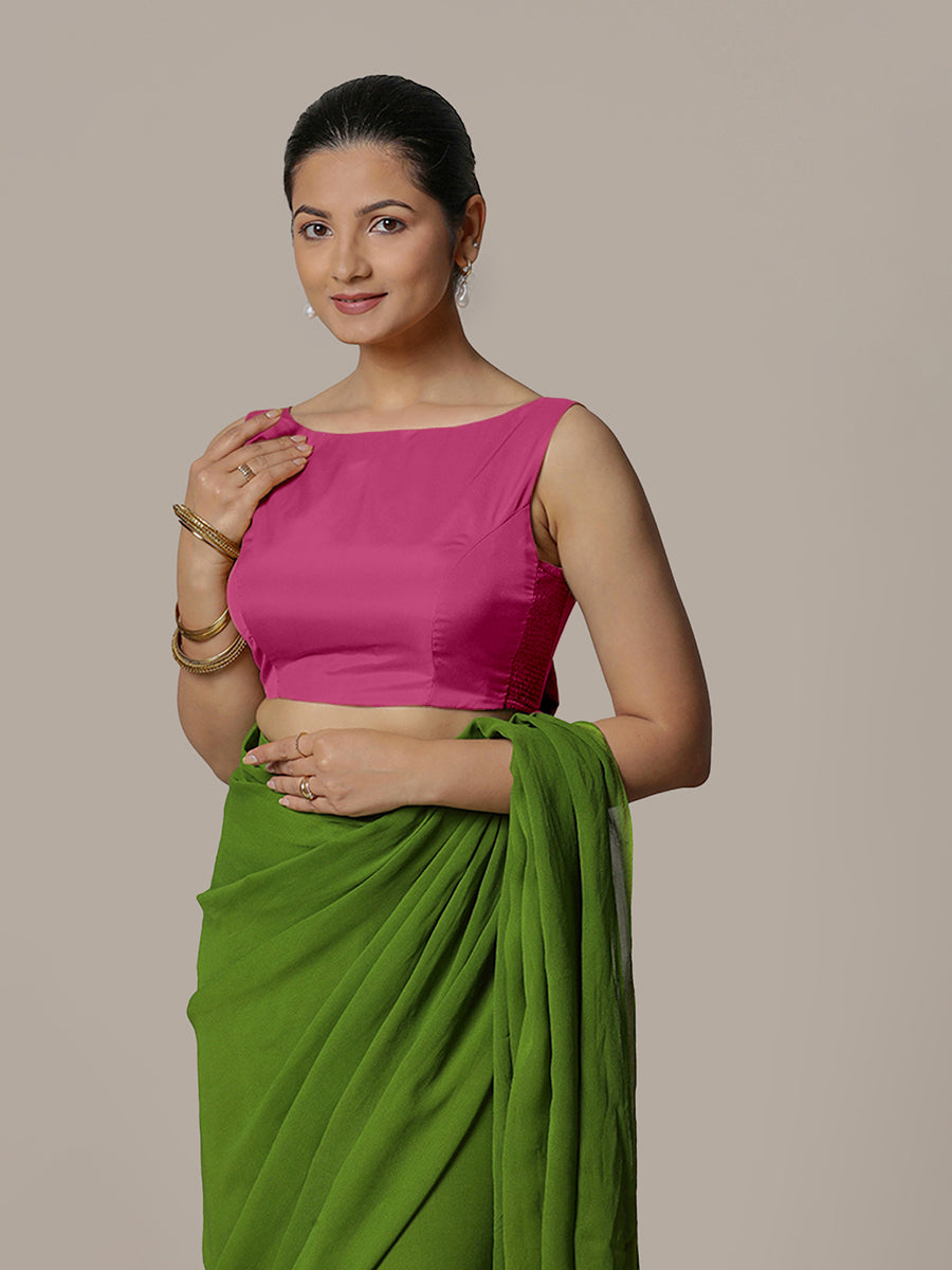 Sherry x Rozaana Saree Blouse, in Pink Artificial Silk, featuring sleeveless and boat neckline, made for party & festive.