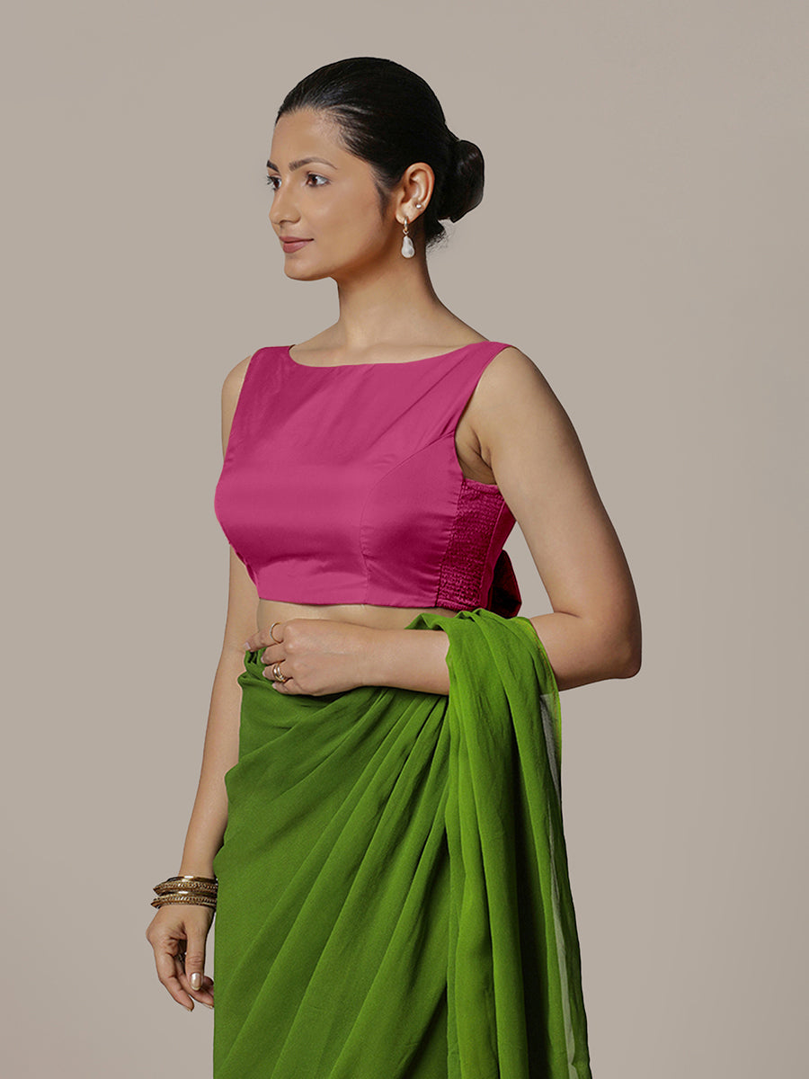 Sherry x Rozaana Saree Blouse, in Pink Artificial Silk, featuring sleeveless and boat neckline, made for party & festive.