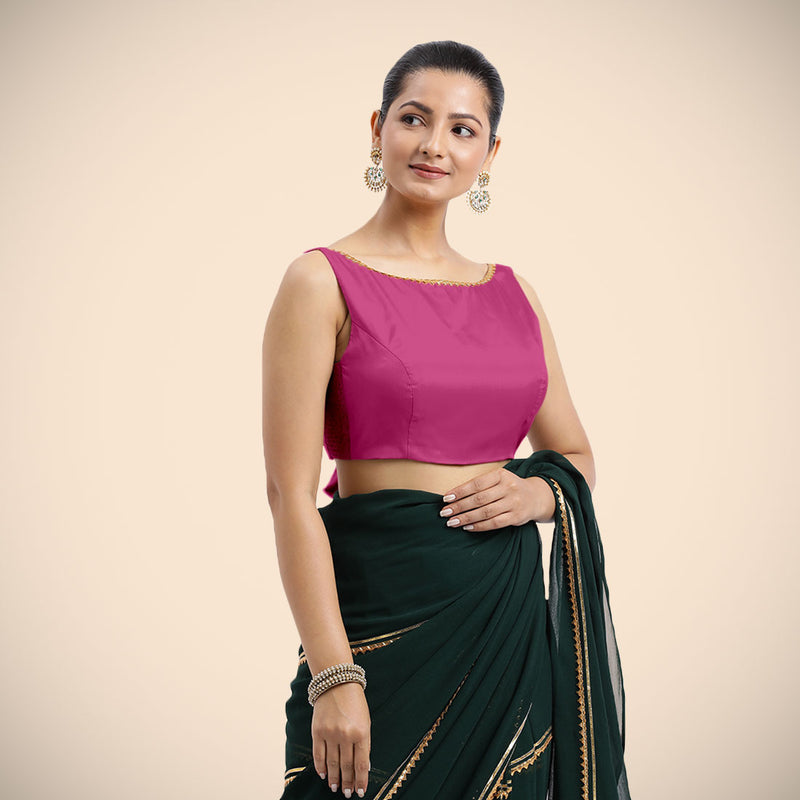 Sherry x Tyohaar | Sleeveless Hot Pink FlexiFit™ Gota Embellished Saree Blouse with Boat Neck-Binks