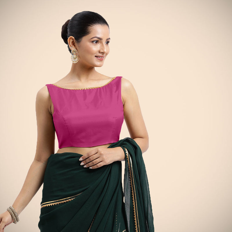 Sherry x Tyohaar | Sleeveless Hot Pink FlexiFit™ Gota Embellished Saree Blouse with Boat Neck-Binks