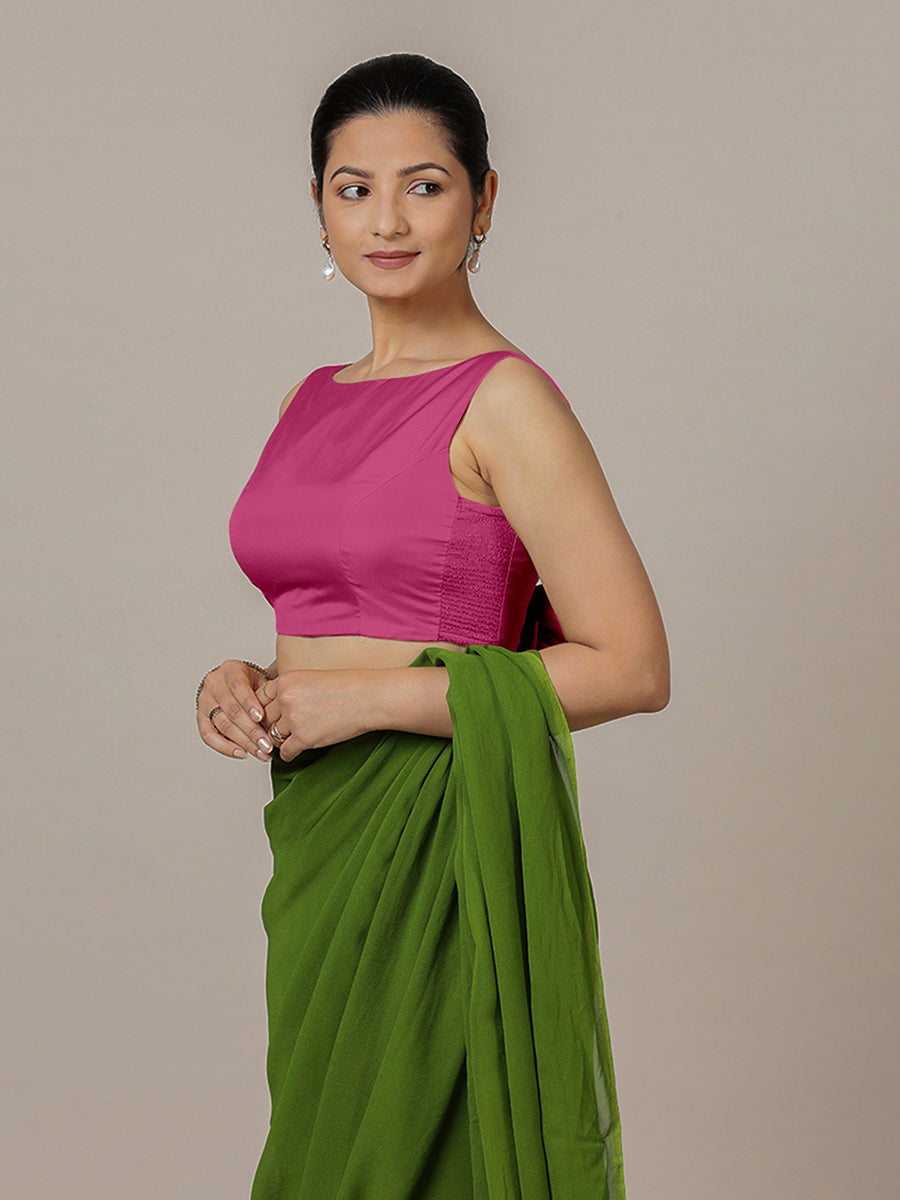 Sherry x Rozaana Saree Blouse, in Pink Artificial Silk, featuring sleeveless and boat neckline, made for party & festive.