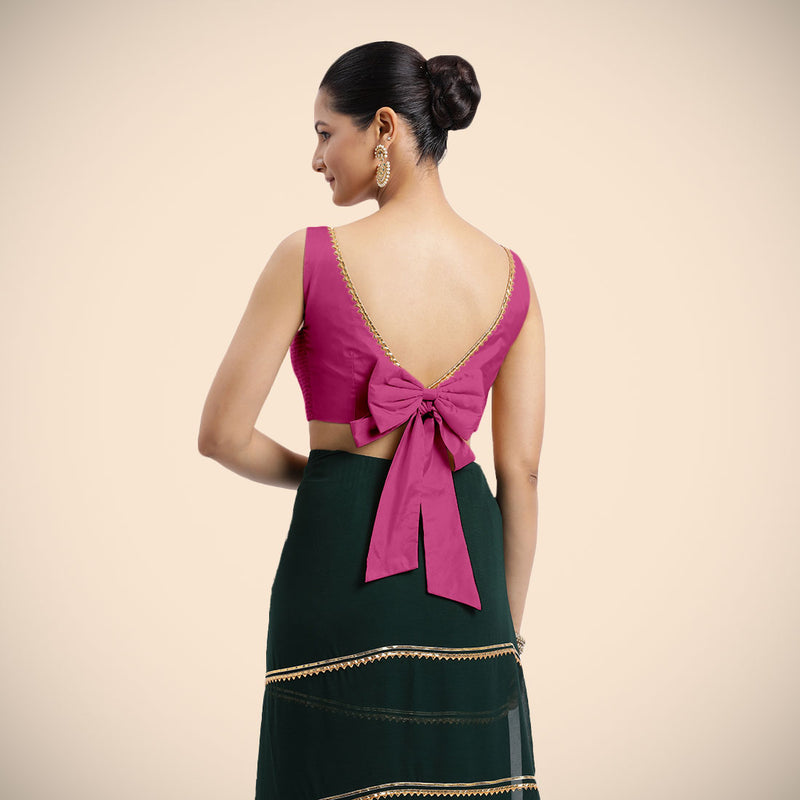 Sherry x Tyohaar | Sleeveless Hot Pink FlexiFit™ Gota Embellished Saree Blouse with Boat Neck-Binks