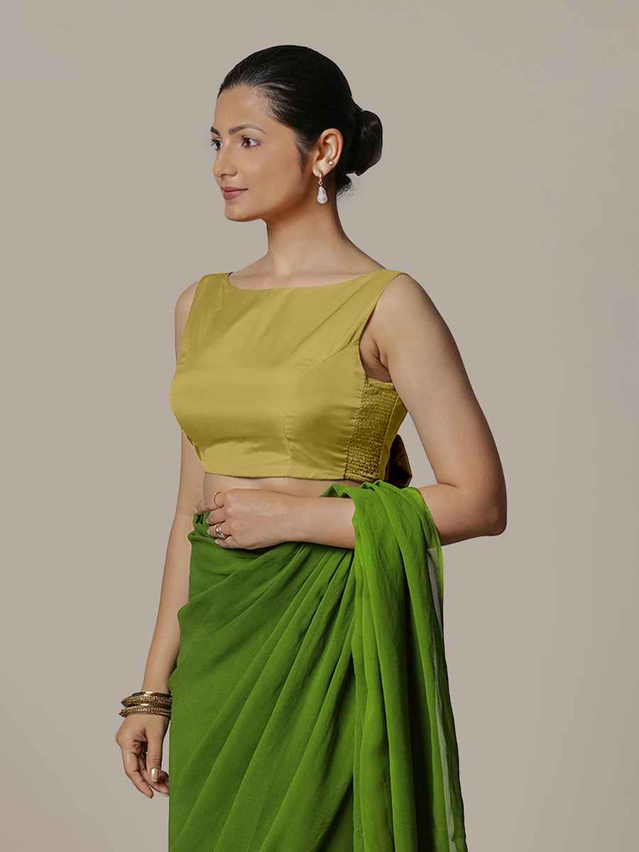 Sherry x Rozaana Saree Blouse, in Yellow Vegan Silk, featuring sleeveless and boat neckline, made for party & festive.