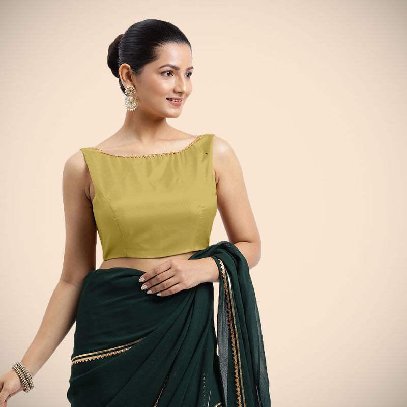 Sherry x Tyohaar | Lemon Yellow Sleeveless FlexiFit™ Saree Blouse with Simple Golden Gota Lace on Neckline and Removable Bow on Back-Binks