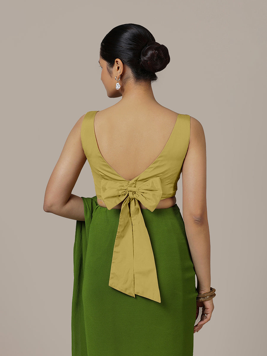 Sherry x Rozaana Saree Blouse, in Yellow Vegan Silk, featuring sleeveless and boat neckline, made for party & festive (view 2).