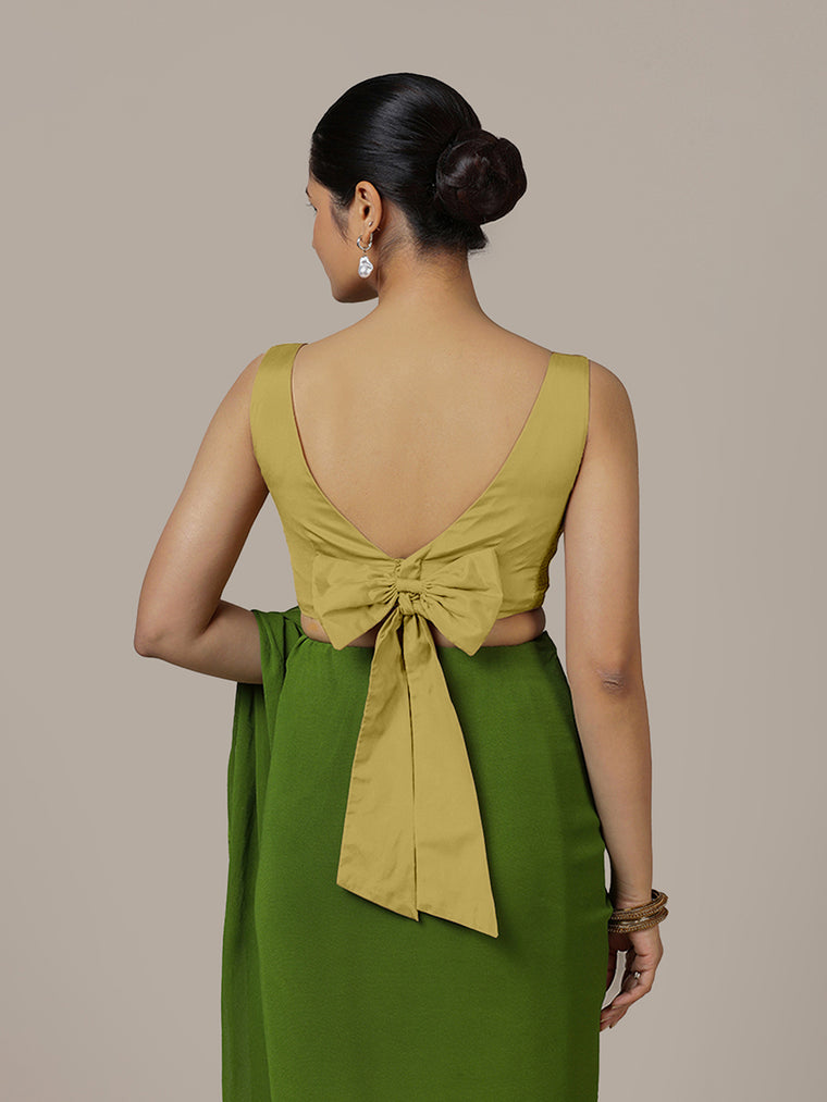 Sherry x Rozaana Saree Blouse, in Yellow Vegan Silk, featuring sleeveless and boat neckline, made for party & festive (view 2).