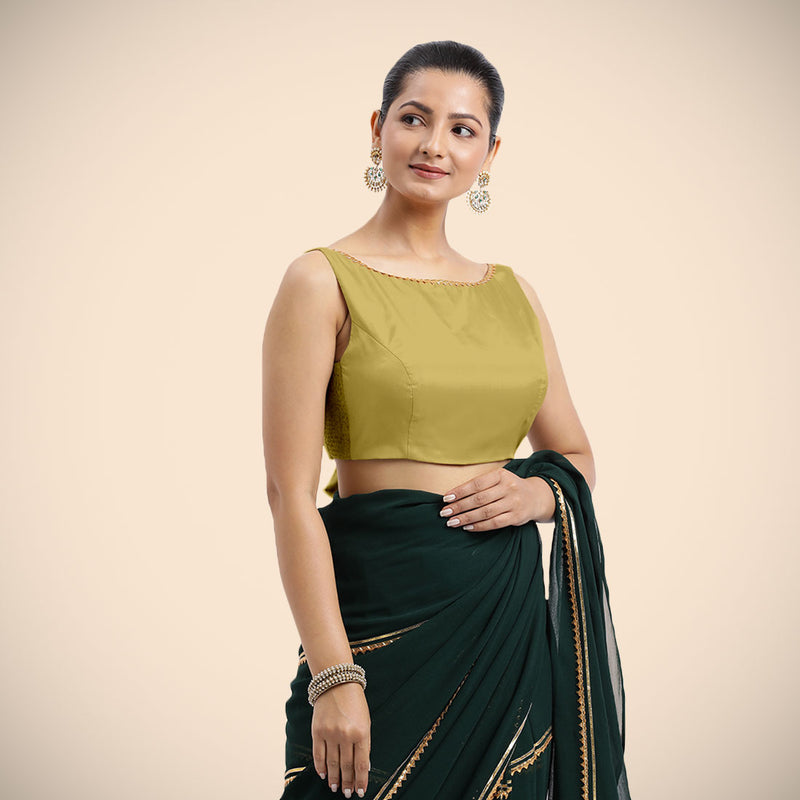 Sherry x Tyohaar | Lemon Yellow Sleeveless FlexiFit™ Saree Blouse with Simple Golden Gota Lace on Neckline and Removable Bow on Back-Binks