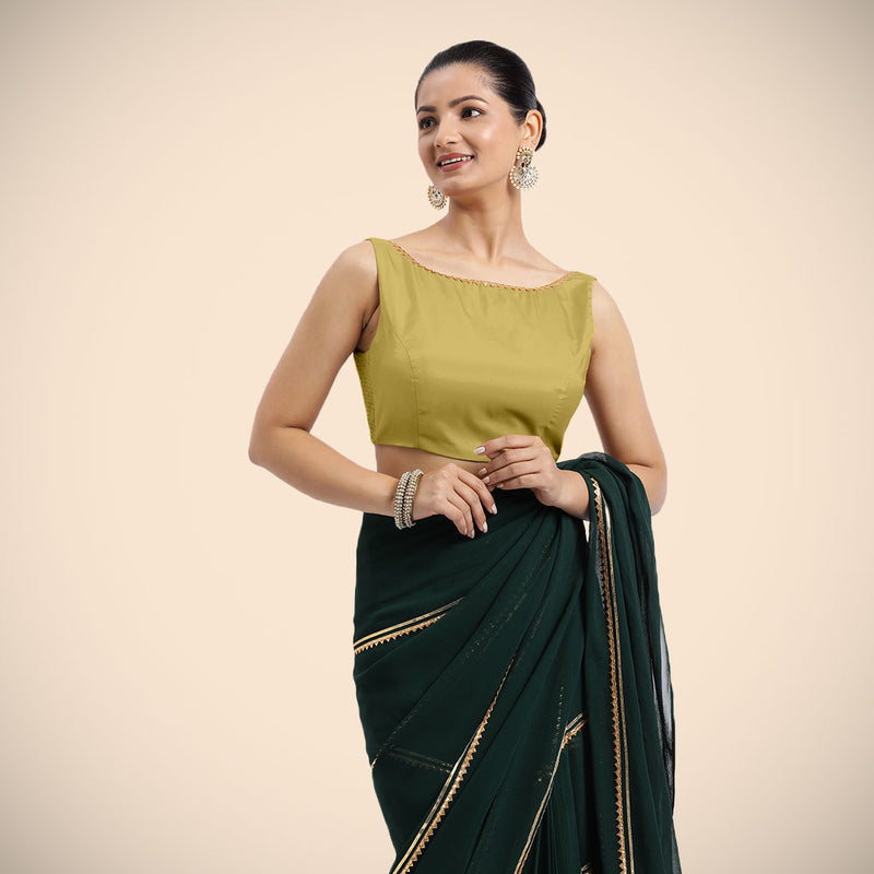 Sherry x Tyohaar | Lemon Yellow Sleeveless FlexiFit™ Saree Blouse with Simple Golden Gota Lace on Neckline and Removable Bow on Back-Binks