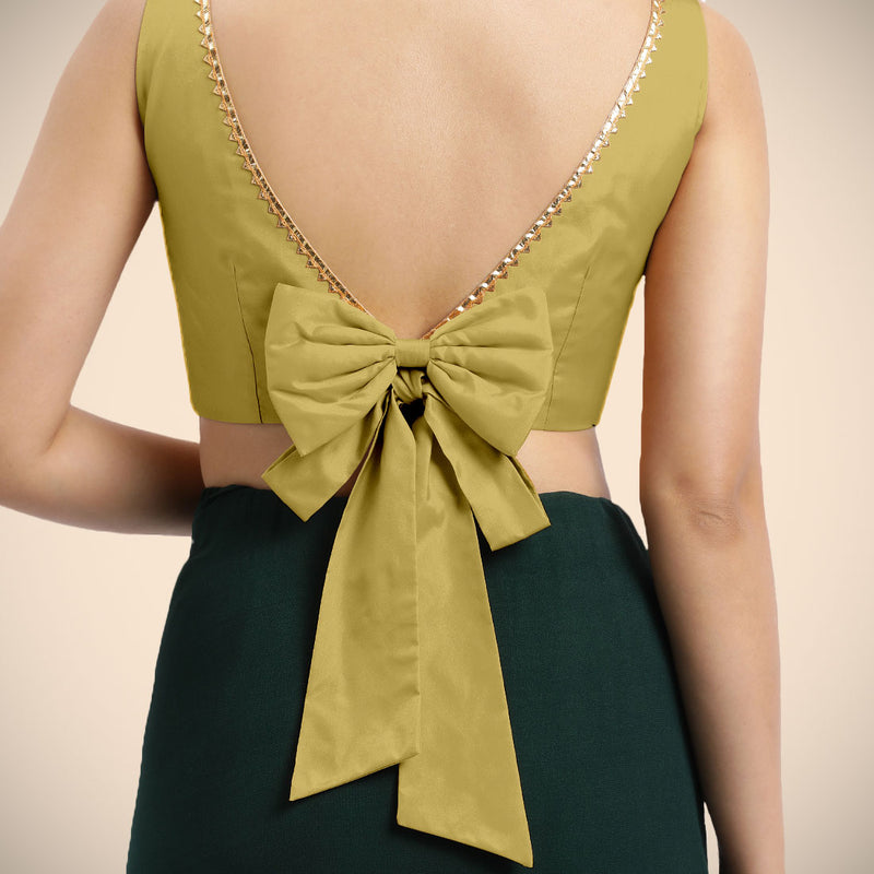 Sherry x Tyohaar | Lemon Yellow Sleeveless FlexiFit™ Saree Blouse with Simple Golden Gota Lace on Neckline and Removable Bow on Back-Binks
