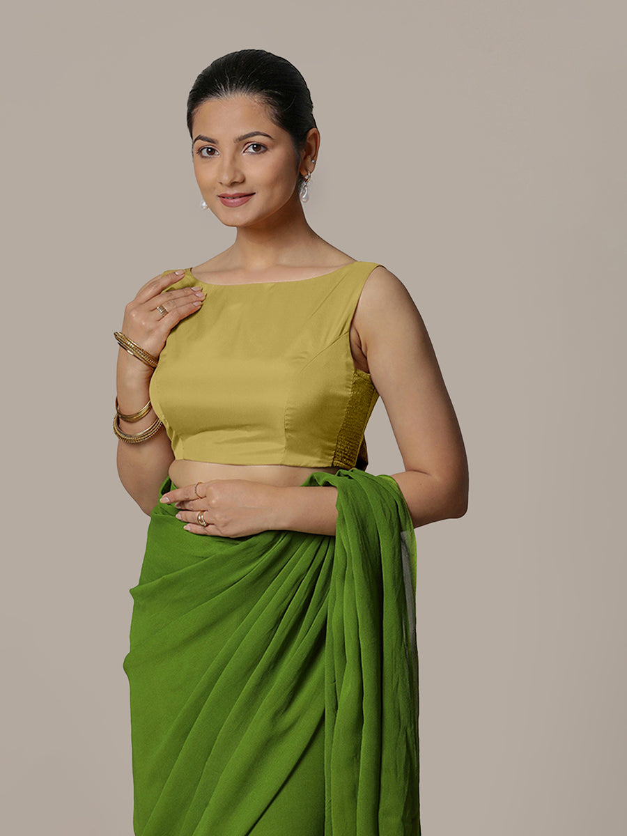 Sherry x Rozaana Saree Blouse, in Yellow Vegan Silk, featuring sleeveless and boat neckline, made for party & festive (view 5).