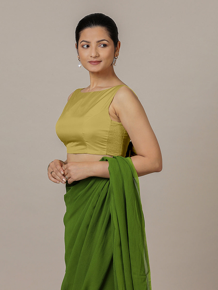 Sherry x Rozaana Saree Blouse, in Yellow Vegan Silk, featuring sleeveless and boat neckline, made for party & festive (view 6).