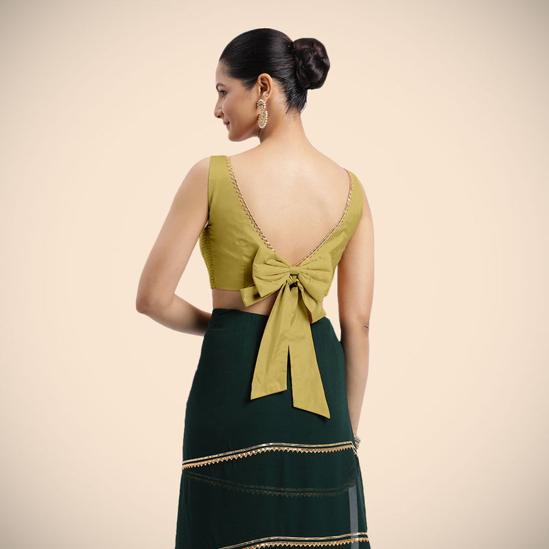 Sherry x Tyohaar | Lemon Yellow Sleeveless FlexiFit™ Saree Blouse with Simple Golden Gota Lace on Neckline and Removable Bow on Back-Binks