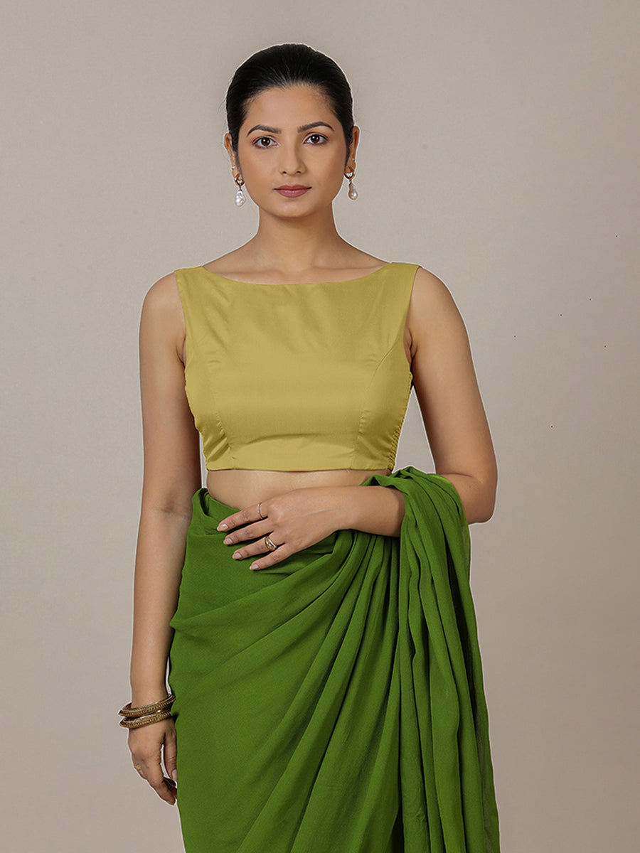 Sherry x Rozaana Saree Blouse, in Yellow Vegan Silk, featuring sleeveless and boat neckline, made for party & festive (view 8).