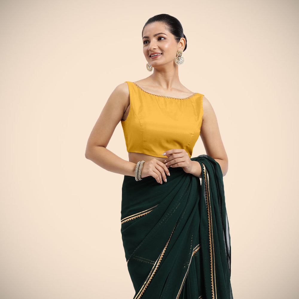 Sherry x Tyohaar | Sleeveless Marigold Yellow FlexiFit™ Gota Embellished Saree Blouse with Boat Neck