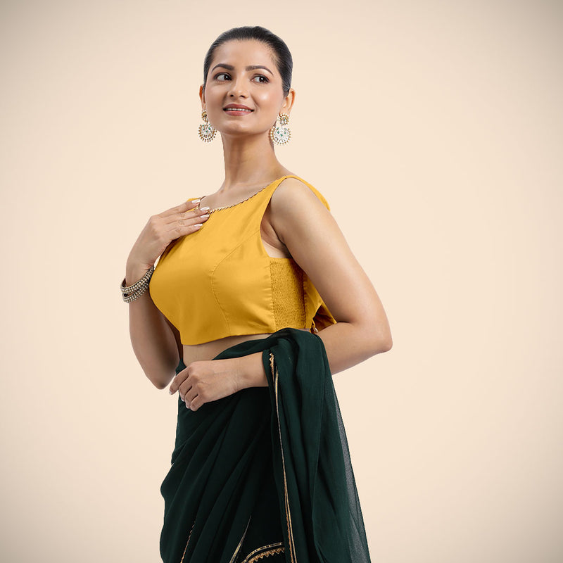 Sherry x Tyohaar | Sleeveless Marigold Yellow FlexiFit™ Gota Embellished Saree Blouse with Boat Neck-Binks