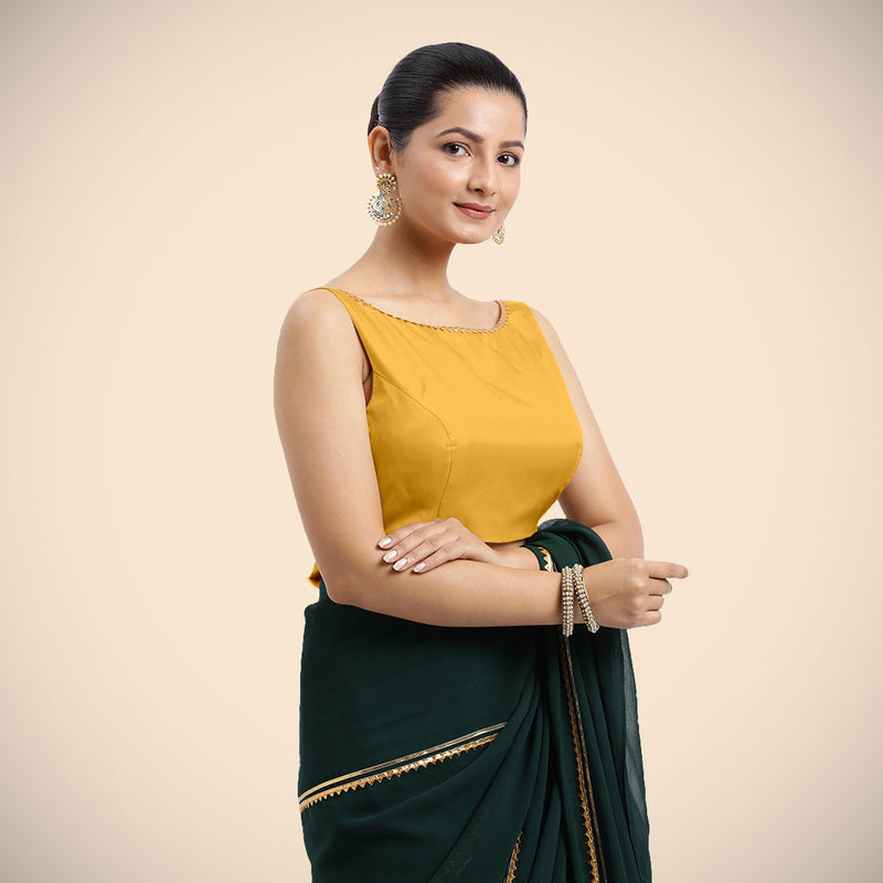 Sherry x Tyohaar | Sleeveless Marigold Yellow FlexiFit™ Gota Embellished Saree Blouse with Boat Neck-Binks