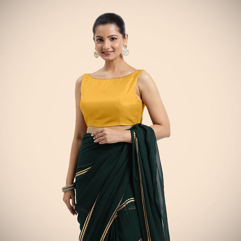 Sherry x Tyohaar | Sleeveless Marigold Yellow FlexiFit™ Gota Embellished Saree Blouse with Boat Neck-Binks