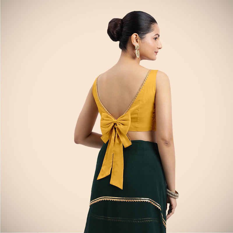 Sherry x Tyohaar | Sleeveless Marigold Yellow FlexiFit™ Gota Embellished Saree Blouse with Boat Neck-Binks