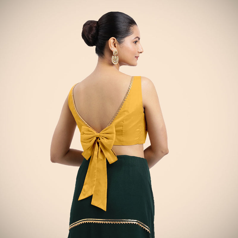 Sherry x Tyohaar | Sleeveless Marigold Yellow FlexiFit™ Gota Embellished Saree Blouse with Boat Neck-Binks