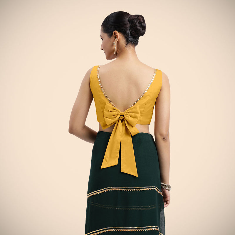 Sherry x Tyohaar | Sleeveless Marigold Yellow FlexiFit™ Gota Embellished Saree Blouse with Boat Neck-Binks