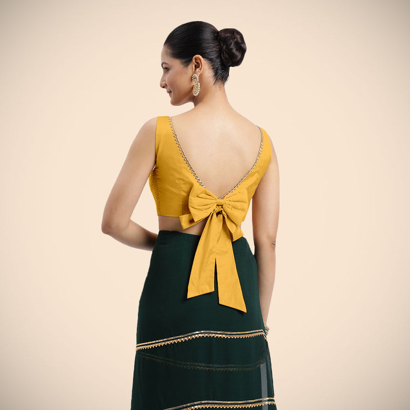 Sherry x Tyohaar | Sleeveless Marigold Yellow FlexiFit™ Gota Embellished Saree Blouse with Boat Neck-Binks
