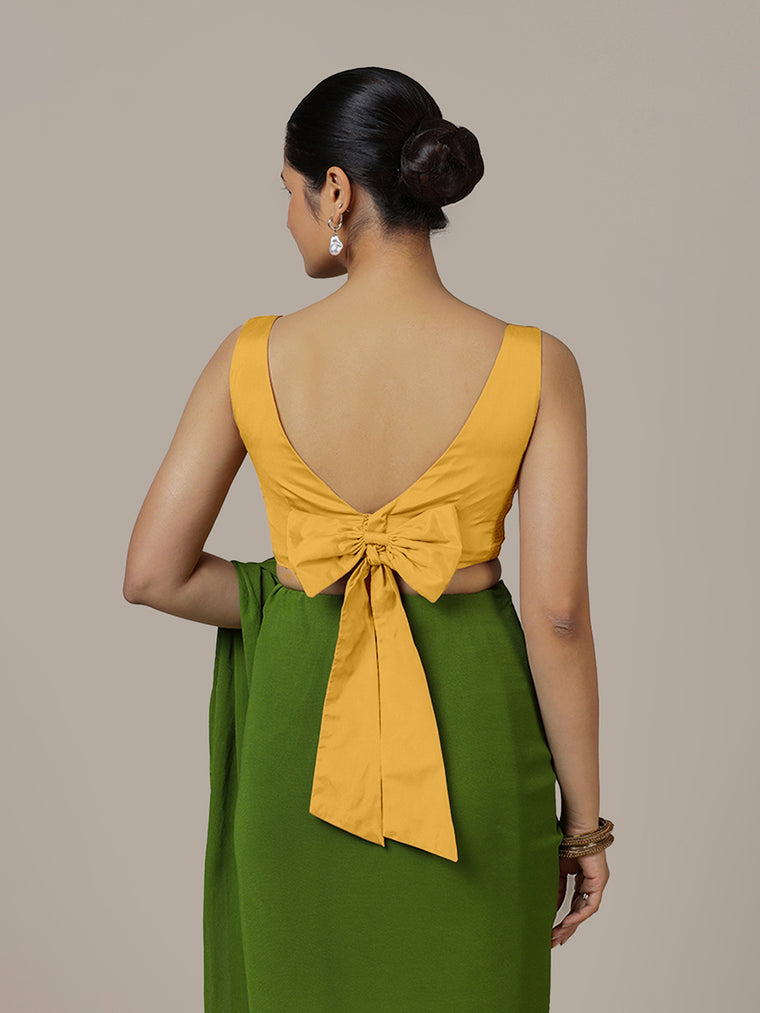 Sherry x Rozaana Saree Blouse, in Yellow Artificial Silk, featuring sleeveless and boat neckline, made for party & festive.