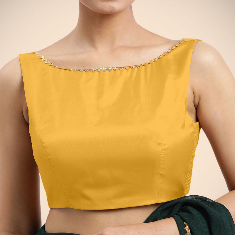 Sherry x Tyohaar | Sleeveless Marigold Yellow FlexiFit™ Gota Embellished Saree Blouse with Boat Neck-Binks